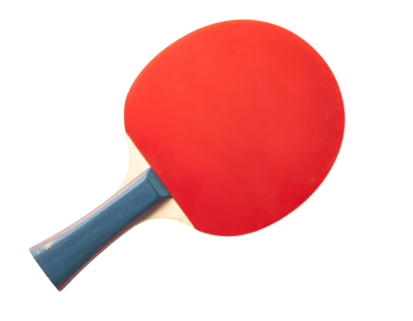red table tennis ping pong paddle with blue handle and rubber texture on isolated background