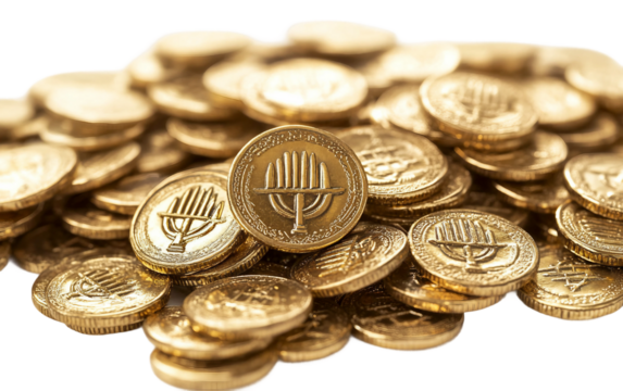 Close up of Hanukkah gelt with foil wrappers reflecting light and adding elegance to seasonal festivities isolated on white background PNG