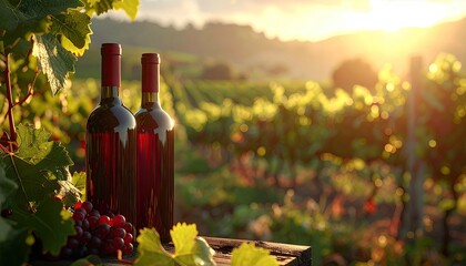 Two Red Wine Bottles and Grapes in a Vineyard During Golden Hour Sunset Warm Light Over Rolling Hills and Vine Rows