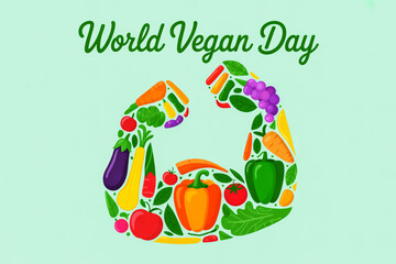 World vegan day greeting with strong arm made of fresh vegetables