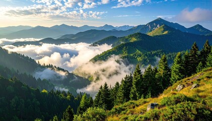 Obraz premium Rolling Green Mountain Peaks With Wispy Clouds And Sunlight Breaking Through Lush Forest Trees On A Sunny Morning
