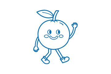Smiling blue outline orange mascot is walking and waving hello on a white backdrop