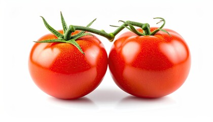 Two Ripe Red Tomatoes Connected by a Vine Stem Against a Clean White Background with Subtle Water Droplets