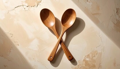 Two wooden spoons are crossed on a textured beige surface with dramatic lighting and scattered glitter