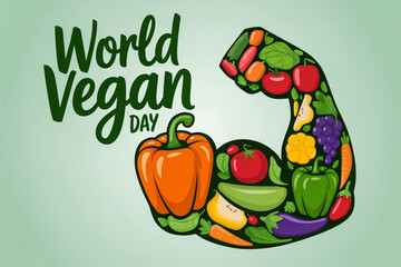 World vegan day celebration with strong arm made of fresh vegetables
