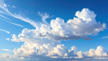 Vast Blue Sky With Wispy Cirrus Clouds And Fluffy Cumulus Clouds Illuminated By Golden Sunlight During Daytime