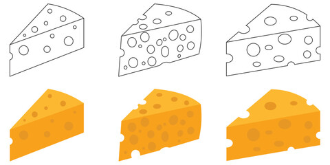 Swiss Cheese Wedge Icon Set – Minimal Line and Flat Vector Illustrations 
of Dairy Food Slice, Emmental Cheese Block, and Gourmet Snack Symbols