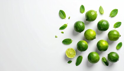 Vibrant green limes with fresh mint leaves scattered on a clean white studio backdrop with soft natural lighting highlighting their textured skin and water droplets