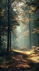 Fototapeta premium Peaceful cartoon forest with green trees and sunlight, great for adventure, nature background, or children story illustration.