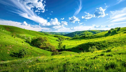 Vibrant Green Rolling Hills Under a Bright Blue Sky with Wispy Clouds and Scattered Wildflowers on a Sunny Day