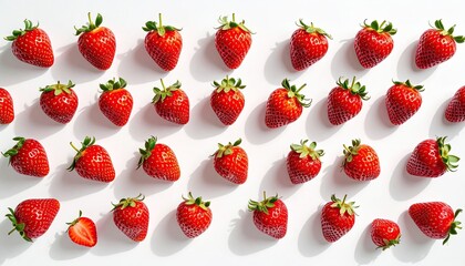 Pixelated Red Strawberries Arranged in a Grid Pattern on a White Background with Natural Daylight