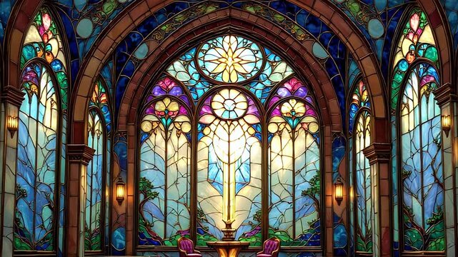 sun rays passing through beautiful colorful stained glass window in catholic church
