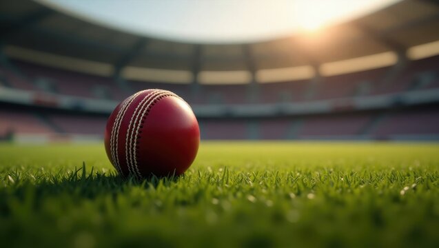 Red Cricket Ball on Green Grass Field in Stadium Under Bright Sunlight