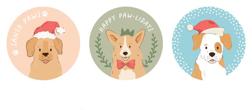 Cute Christmas Dogs with festive slogans, fun, novelty designs