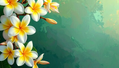Beautiful frangipani flowers, located on the left side of the frame. Great for background.
