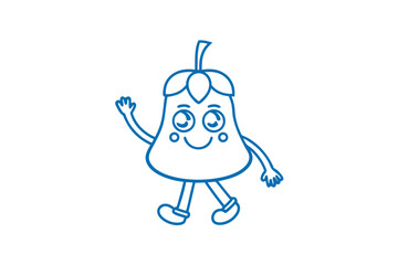 Smiling pear character welcomes with an animated gesture walking happily in blue outline