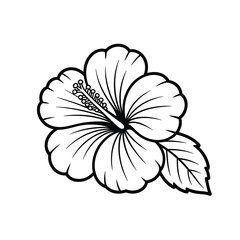Black and white line drawing of a hibiscus flower with leaves
