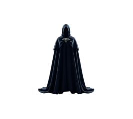 Mysterious cloaked figure dark fantasy costume grim appearance hooded cowl black robe isolated studio shot