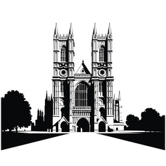 Fototapeta premium Gothic abbey architecture with trees and path in black and white
