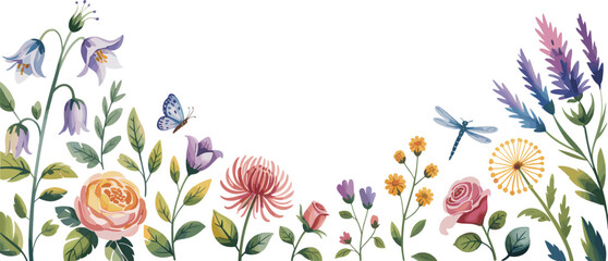 Beautiful watercolor floral border with blooming roses, colorful wildflowers, dragonflies and butterflies,