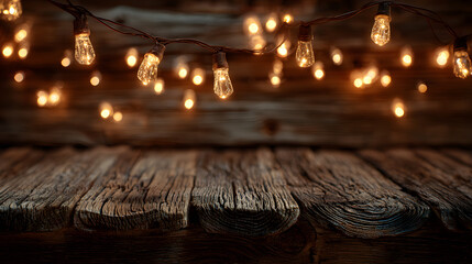 Rustic Wood Background with Warm String Lights, Ideal for Festive Holiday or Event Invitations