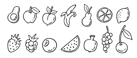 Vector illustration doodle hand drawn food fruit berry strawberry watermelon orange avocado lemon element set black liner pen