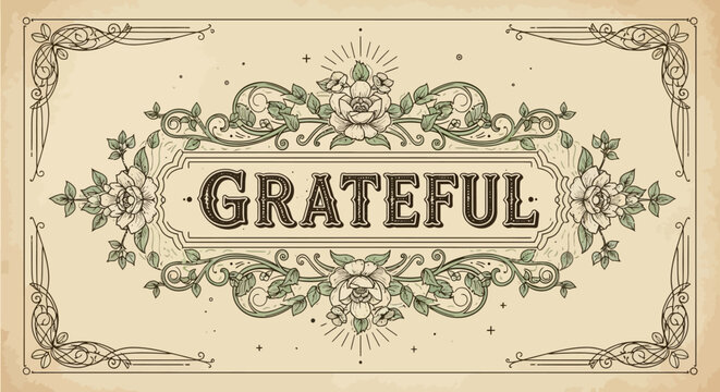 The word 'Grateful' in an elegant vintage style with an ornate floral frame and scrollwork.