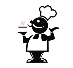 Chef icon holding plate of food with steam wearing apron and chef hat in black and white illustration vector
