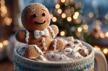A gingerbread man in hot chocolate, sitting on the edge of an oversized mug with coffee inside