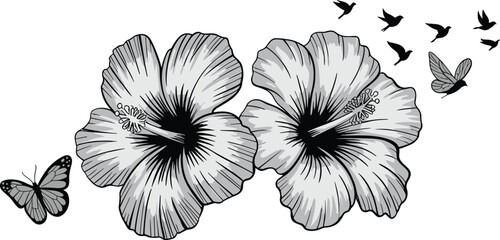 Black and white hibiscus flower illustration with butterflies and flying birds, minimalist floral tattoo design, tropical nature art, decorative drawing
