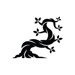 Stylized silhouette of a twisted tree with leaves