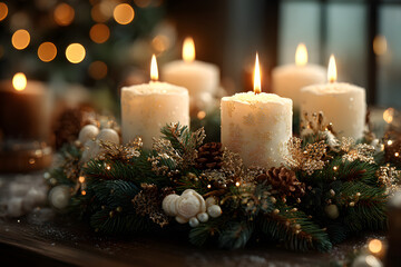 Second Advent - decorated Advent wreath from fir and evergreen branches with white burning candles, tradition in the time before Christmas, warm background with festive bokeh and copy space