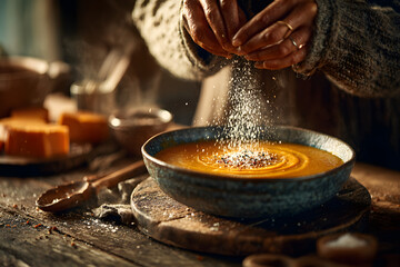 Woman salting delicious pumpkin soup at wooden table, closeup