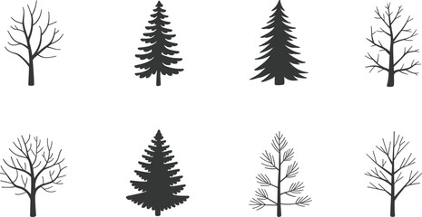 Collection of various black and white tree silhouettes, winter and evergreen trees illustration set, natural forest elements
