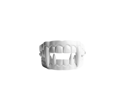 White prosthetic vampire fangs set of teeth biting grin horror accessory isolated object
