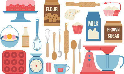 Colorful flat illustration of baking ingredients and kitchen utensils, flour, milk, eggs, sugar, whisk, cake mixer,