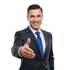 Smiling businessman offering handshake in professional suit and blue tie isolated on transparent background