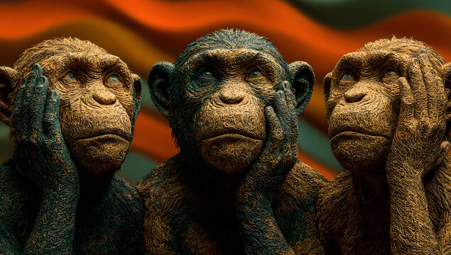 Three Wise Monkeys Statues: epic statement of Mahatma Gandhi See No Evil, Hear No Evil, Speak No Evil; Abstract Orange and Green Wave Background.