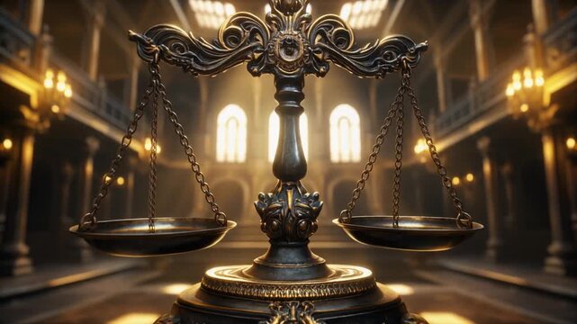 An ornate, antique scale of justice symbolizing law and fairness in a grand, classic courthouse interior.