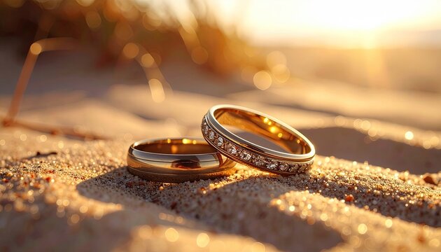 Golden Wedding Rings Resting on Sandy Beach at Sunset with Soft Bokeh Lights in the Background and Warm Sunlight Creating a Romantic Atmosphere - Powered by Adobe
