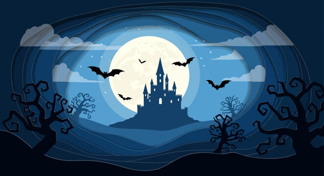 Spooky Halloween castle silhouette with bats flying under a full moon, perfect for holiday-themed designs and projects