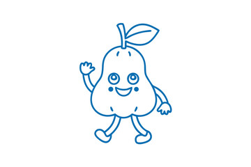 Cute pear outline with happy face walking and waving hello appears friendly