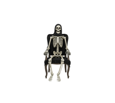 Realistic human skeleton figure sitting comfortably on antique plush chair wearing dark hooded robe
