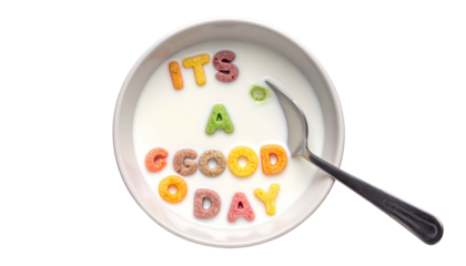 Cereal bowl reads "It's a good day" in colorful letter-shaped cereal pieces