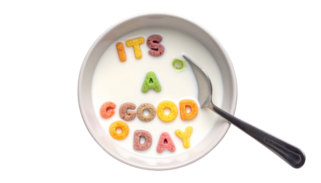 Cereal bowl reads "It's a good day" in colorful letter-shaped cereal pieces