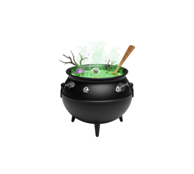 Witch brew boiling cauldron bubbling potion eye mushroom twig bones ghost steam object - Powered by Adobe