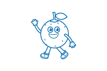 Joyful orange fruit character waves as he walks along in blue outline drawing