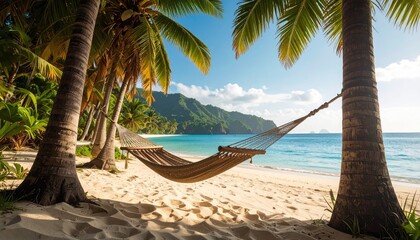 Hammock Hanging Between Palm Trees on a Tropical Beach with Turquoise Ocean and Lush Green Hills in the Background Under a Bright Blue Sky with Sunlight