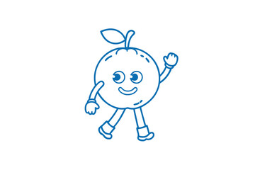 Happy Orange Mascot Walking and Waving with a Big Smile in Blue Outline