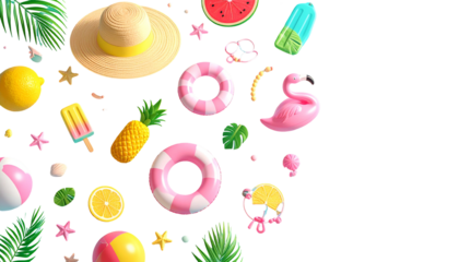Bright summer collage with various beachy objects on a black background
